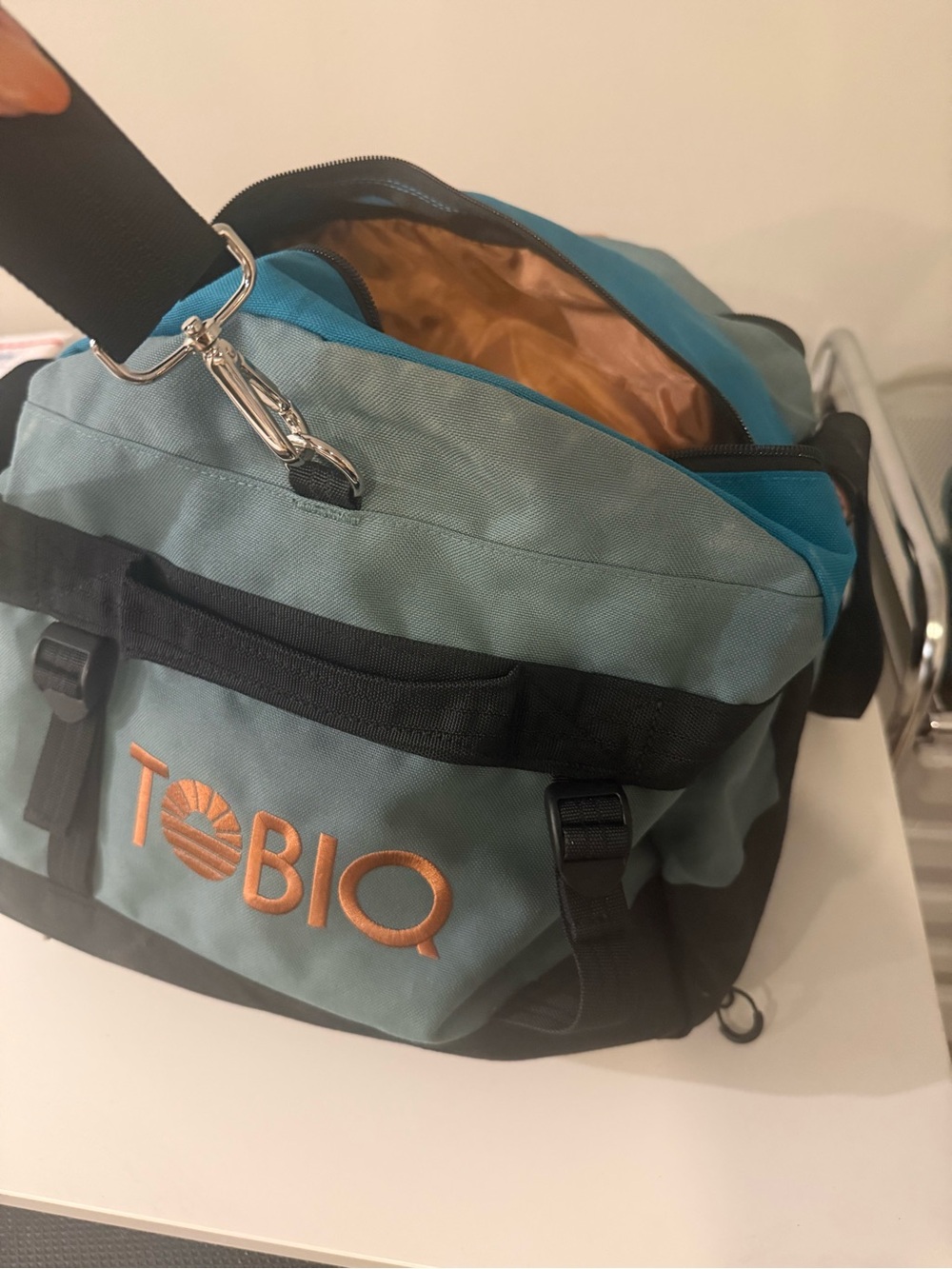 TOBIQ Colorblock Travel Duffel Bag in Orange, Yellow, Teal & Aqua - Picture 5 of 6